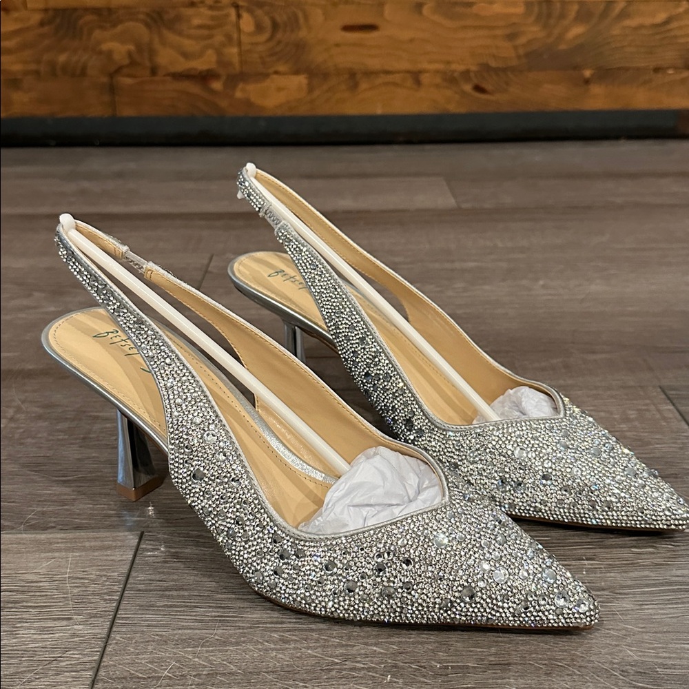 Betsy Johnson 
Silver Rhinestone Slingback Heels
